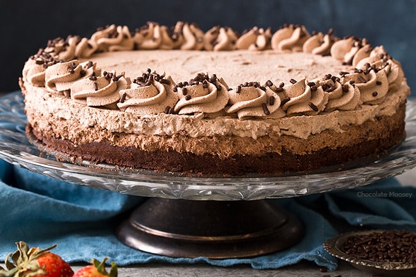 The best way to celebrate any milestone is with a triple chocolate cake: Brownie Bottom Chocolate Mousse Cake with chocolate whipped cream.