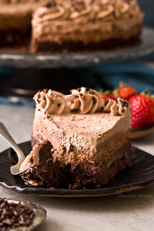 The best way to celebrate any milestone is with a triple chocolate cake: Brownie Bottom Chocolate Mousse Cake with chocolate whipped cream. 