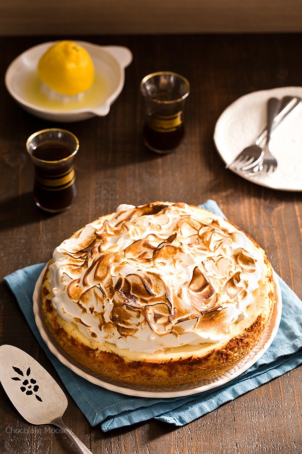 Forget the pie! Satisfy your lemon craving with Lemon Meringue Cheesecake with toasted meringue and a buttery shortbread cookie crust.