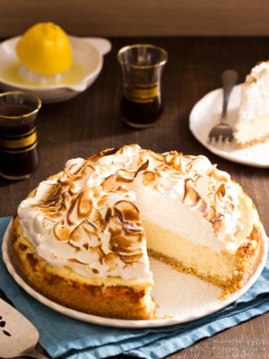 Forget the pie! Satisfy your lemon craving with Lemon Meringue Cheesecake with toasted meringue and a buttery shortbread cookie crust.