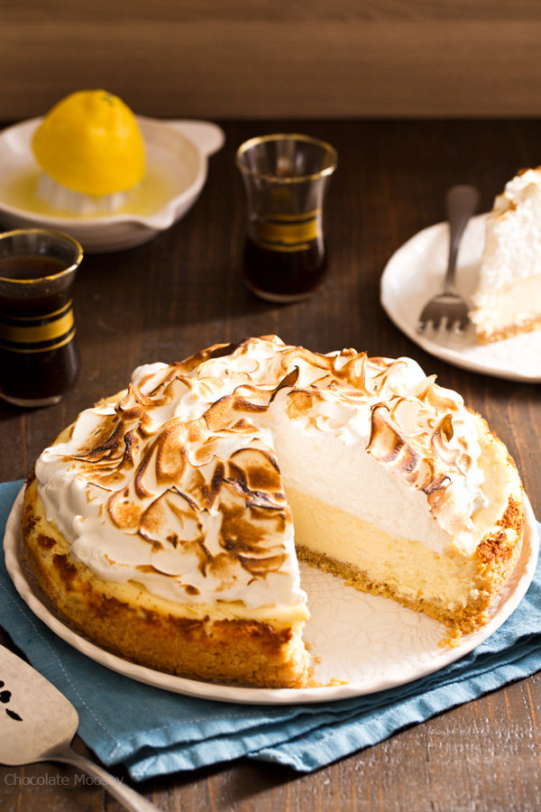 Forget the pie! Satisfy your lemon craving with Lemon Meringue Cheesecake with toasted meringue and a buttery shortbread cookie crust.