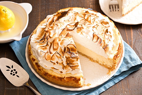 Forget the pie! Satisfy your lemon craving with Lemon Meringue Cheesecake with toasted meringue and a buttery shortbread cookie crust.