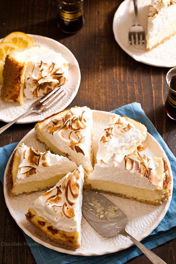 Forget the pie! Satisfy your lemon craving with Lemon Meringue Cheesecake with toasted meringue and a buttery shortbread cookie crust.