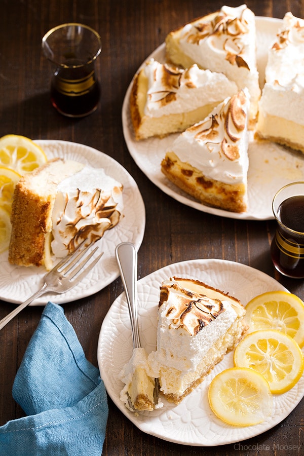 Forget the pie! Satisfy your lemon craving with Lemon Meringue Cheesecake with toasted meringue and a buttery shortbread cookie crust.