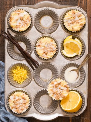 Start your morning with a little sunshine: Lemon Vanilla Crumb Muffins with a crunchy brown sugar streusel and a lemon glaze drizzled on top.