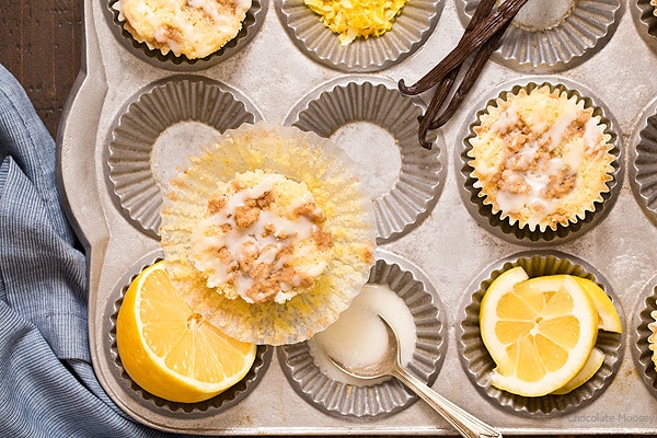 Moist lemon muffins with vanilla bean, streusel, and lemon glaze