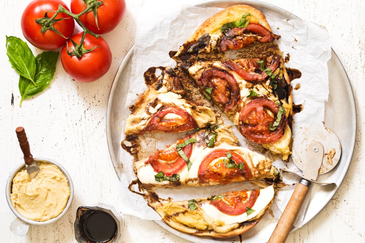 Caprese Flatbread Pizza cut into slices