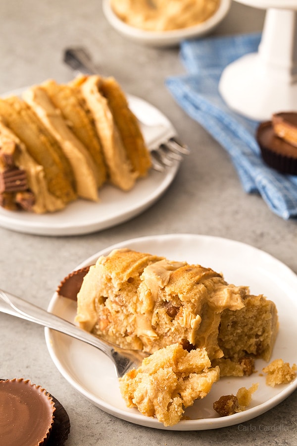 Slice of mini peanut butter layer cake with peanut butter buttercream frosting