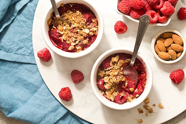 Raspberry Almond Crisp For Two with a crispy almond streusel