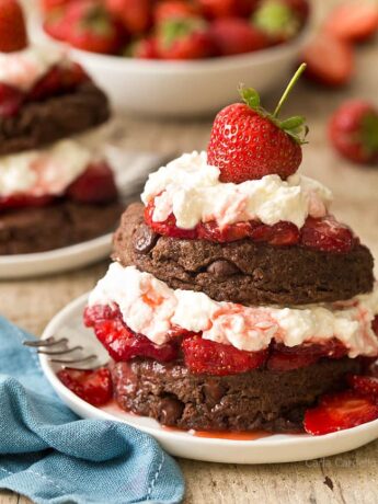 Chocolate Strawberry Shortcake on white plate with fork