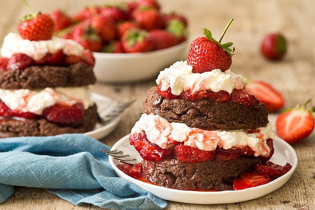 Learn how to make strawberry shortcake from scratch with Chocolate Strawberry Shortcake filled with fresh strawberries and homemade whipped cream.