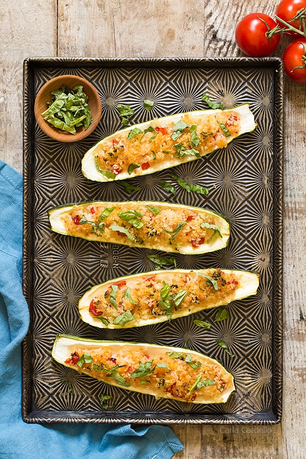 When you find yourself with an abundance of zucchini during the summer, make these Garlic Parmesan Stuffed Zucchini with rice and a crunchy panko topping for dinner.