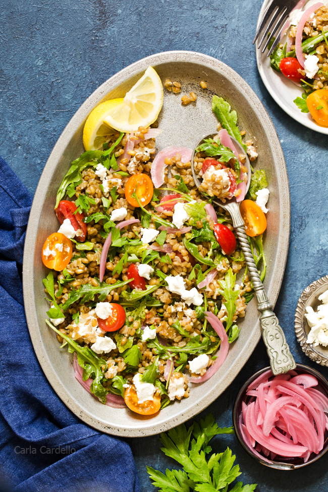 Looking for a filling side salad? Make this Really Good Freekeh Salad with arugula, tomatoes, goat cheese, and pickled red onion. Serve it warm or cold for a hearty grain salad.
