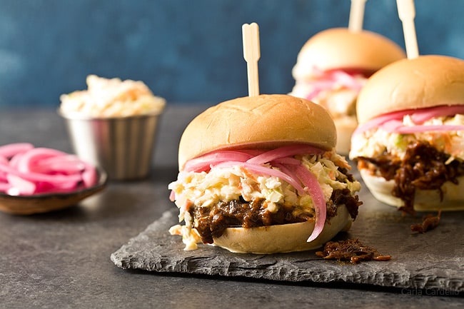 Slow Cooker Shredded Beef Sliders with homemade barbecue sauce and coleslaw