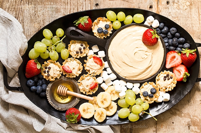 Peanut Butter Fruit Dip made with marshmallow creme and Greek yogurt served in phyllo cups