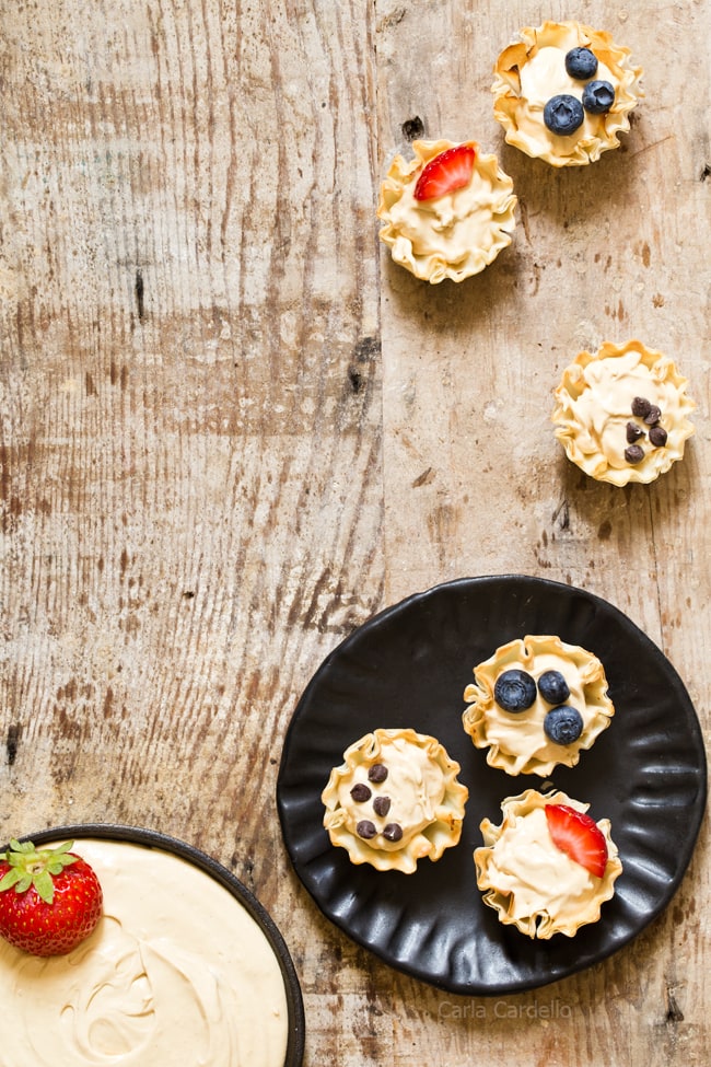 Peanut Butter Fruit Dip made with marshmallow creme and Greek yogurt served in phyllo cups