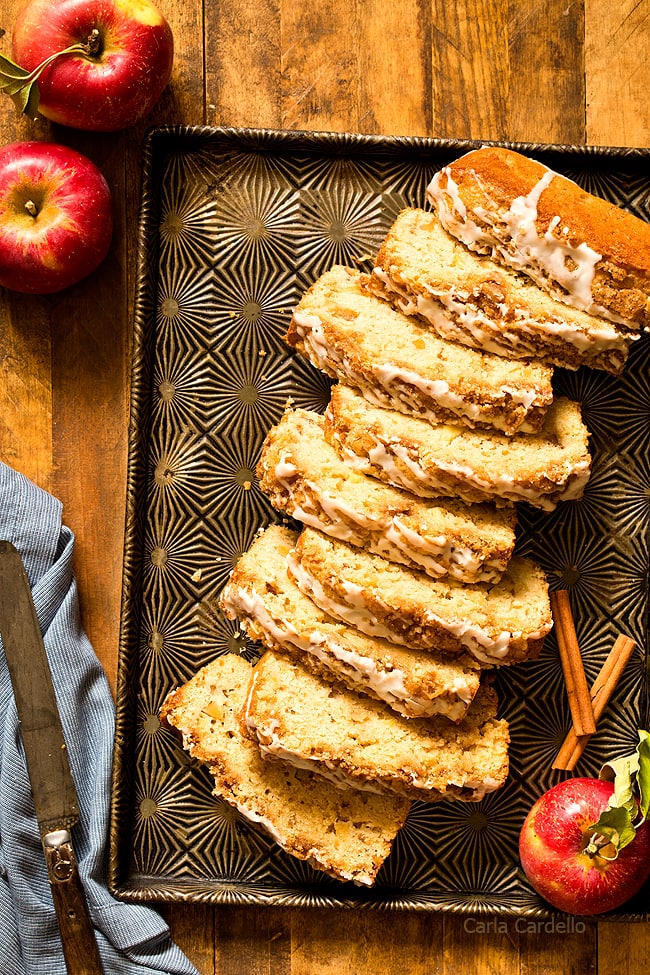 Warm up your kitchen for fall baking with Cinnamon Apple Bread topped with cinnamon streusel and a simple white icing. 