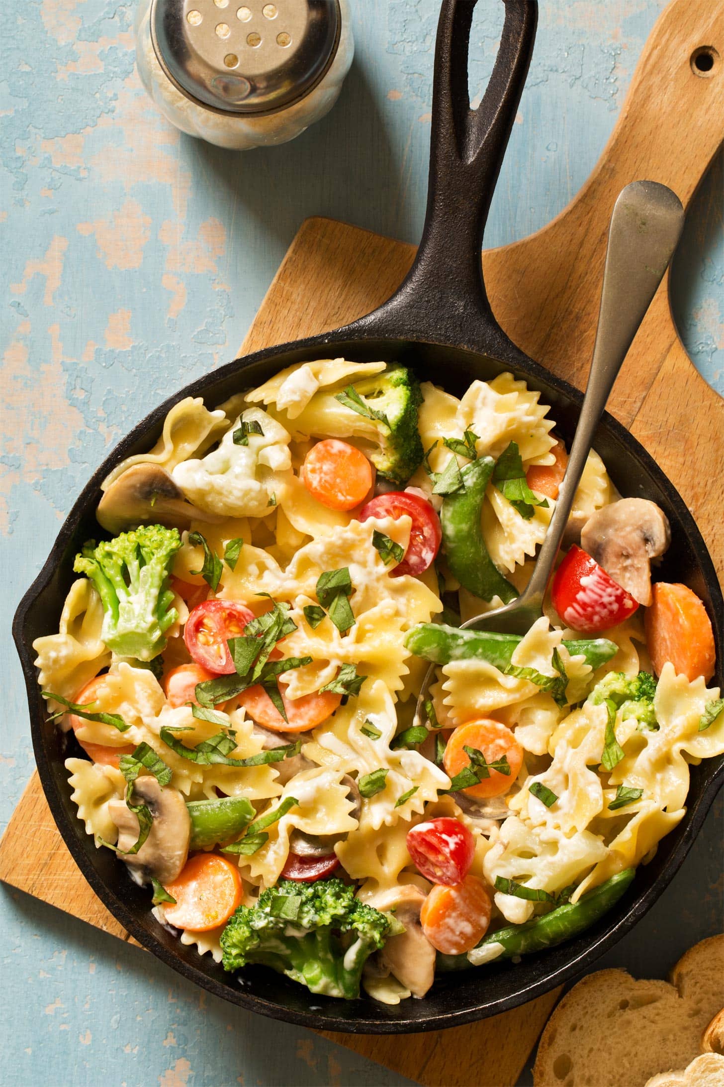Close up of pasta primavera made in one skillet