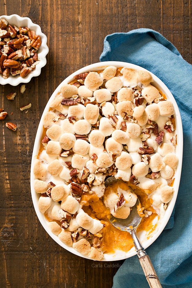 Hosting Thanksgiving For Two this year? You can still serve up your favorite traditional side dishes, like Sweet Potato Casserole For Two with mini marshmallows and chopped pecans on top. Plus learn the difference between sweet potatoes and yams.