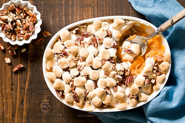 Hosting Thanksgiving For Two this year? You can still serve up your favorite traditional side dishes, like Sweet Potato Casserole For Two with mini marshmallows and chopped pecans on top.