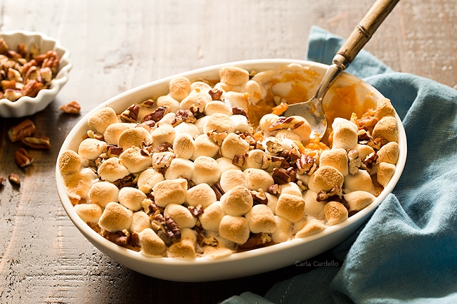 Hosting Thanksgiving For Two this year? You can still serve up your favorite traditional side dishes, like Sweet Potato Casserole For Two with mini marshmallows and chopped pecans on top. 