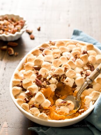 Hosting Thanksgiving For Two this year? You can still serve up your favorite traditional side dishes, like Sweet Potato Casserole For Two with mini marshmallows and chopped pecans on top. Plus learn the difference between sweet potatoes and yams.
