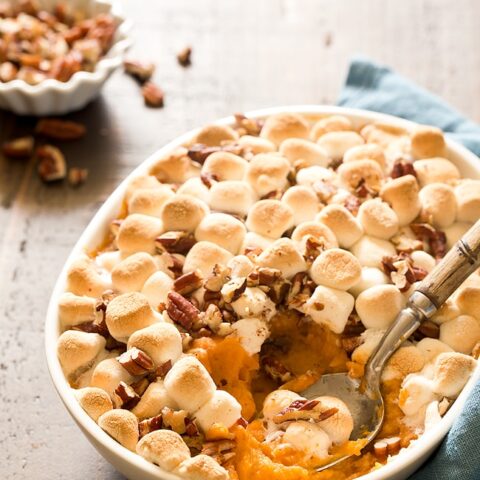 Hosting Thanksgiving For Two this year? You can still serve up your favorite traditional side dishes, like Sweet Potato Casserole For Two with mini marshmallows and chopped pecans on top. Plus learn the difference between sweet potatoes and yams.