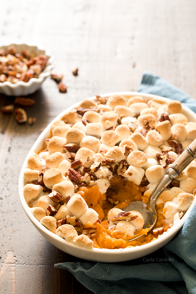 marshmallow sweet potato casserole for two with spoon
