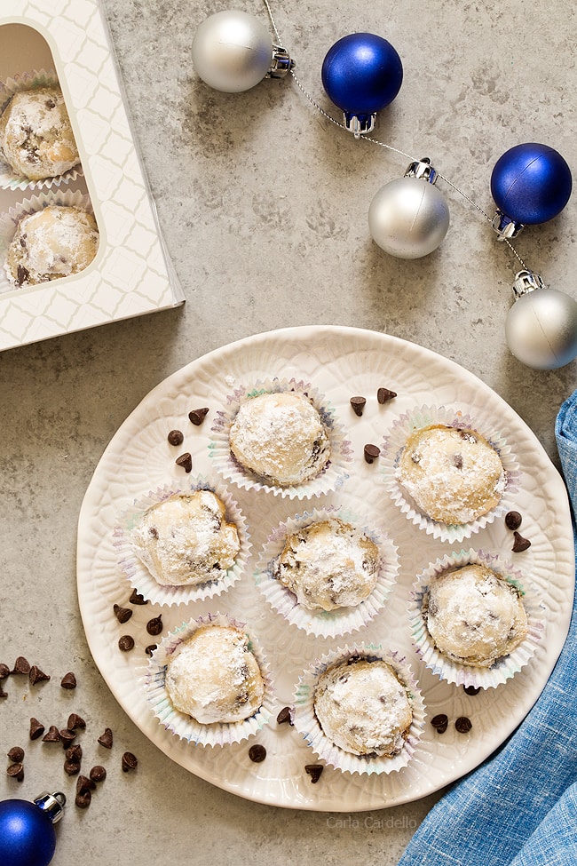 Chocolate Chip Snowball Cookies on a white plate