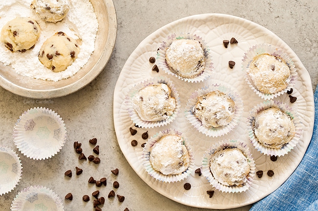 Chocolate Chip Snowball Cookies on a white plate