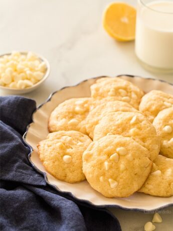 Add some brightness to your cookie tray with soft Lemon White Chocolate Chip Cookies! Recipe makes 1 dozen cookies with a punch of lemon and white chocolate.