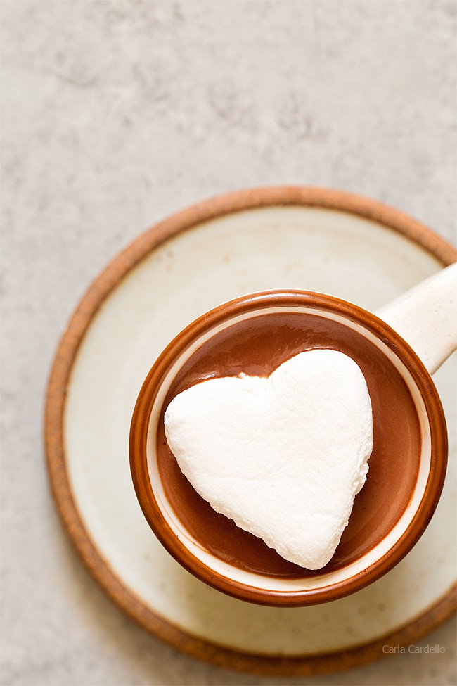 Thick hot chocolate with heart shaped marshmallow