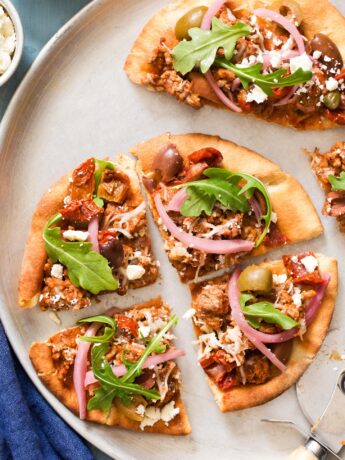 Close up of sliced pita pizza recipe
