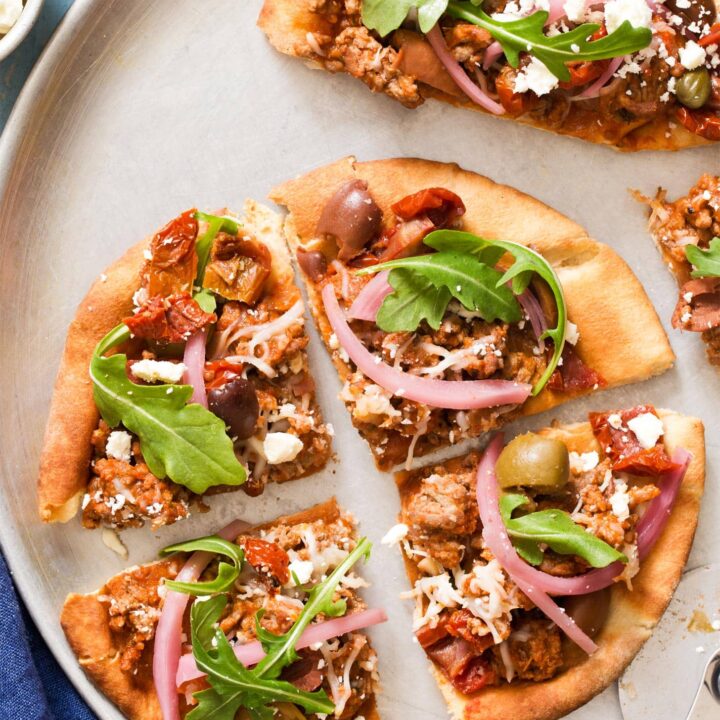 Close up of sliced pita pizza recipe