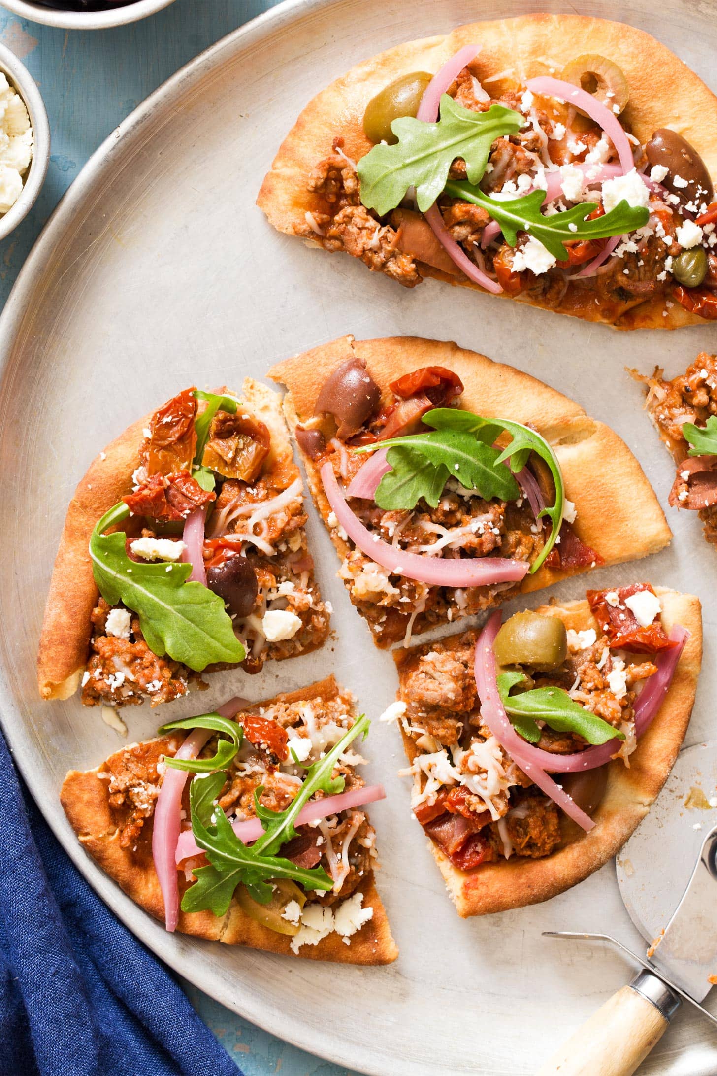 Close up of sliced pita pizza recipe 