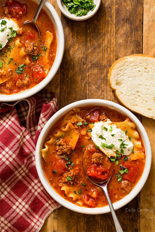 In the mood for lasagna but don't have time to assemble one? Luckily for you this One Pot Lasagna Soup For Two is ready in under an hour! Made with canned tomatoes so you can make it all year round. 
