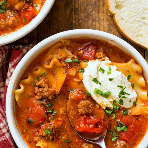 Lasagna soup in bowl with spoon