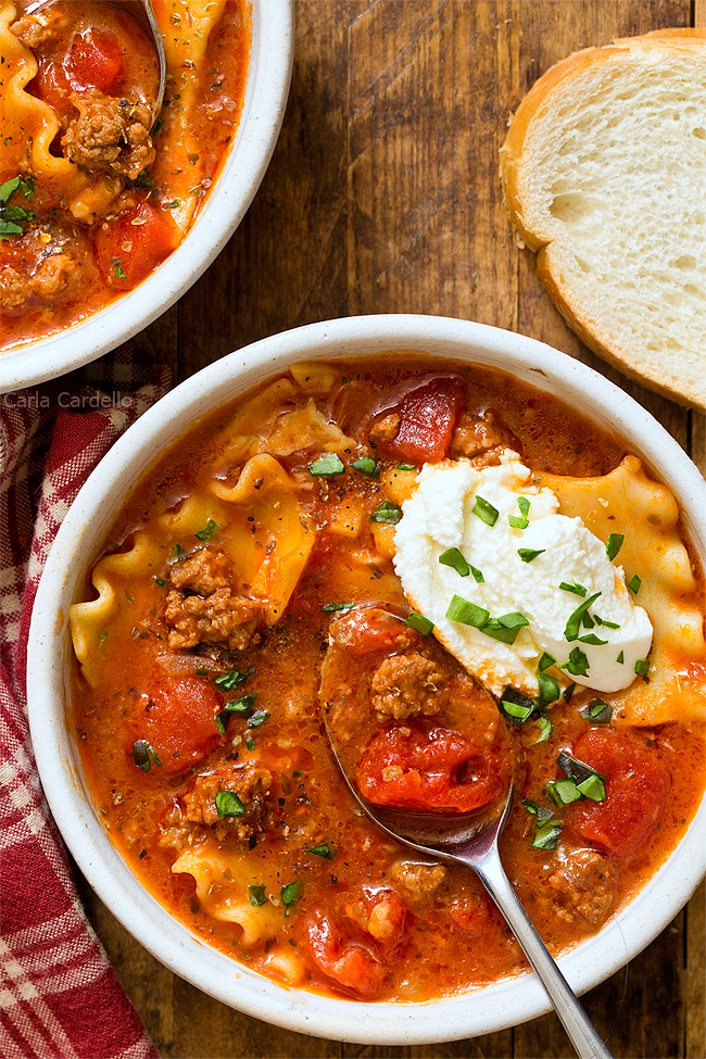 Lasagna soup in bowl with spoon