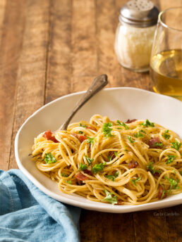Have an easy romantic dinner at home with Spaghetti Carbonara For Two with bacon and cheese! Serve it with white wine and dessert for a stay-in date night.