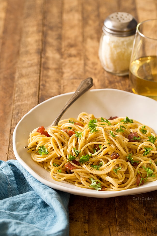 Have an easy romantic dinner at home with Spaghetti Carbonara For Two with bacon and cheese! Serve it with white wine and dessert for a stay-in date night.