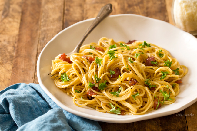 Spaghetti Carbonara Dinner For Two with bacon, cheese, and egg