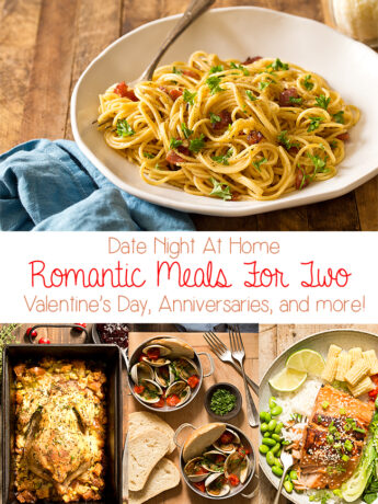Recipe collage of romantic dinners for two at home