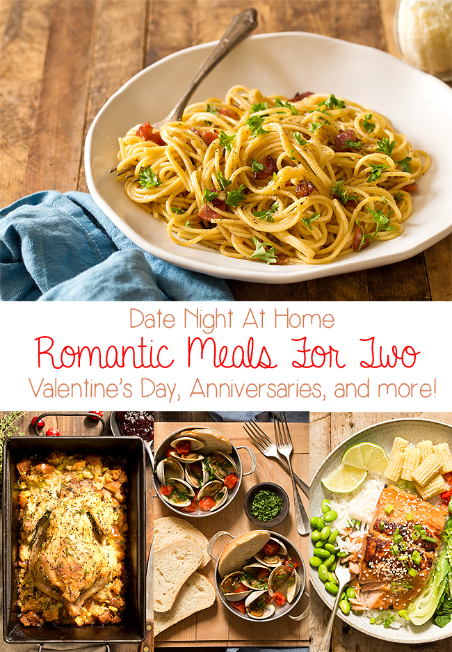 Recipe collage of romantic dinners for two at home