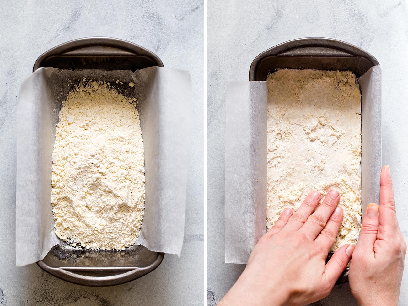 Patting dough into loaf pan for Small Batch Lemon Bars