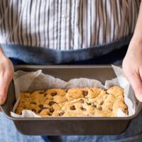 Small Batch Chocolate Chip Cookie Bars made in a loaf pan