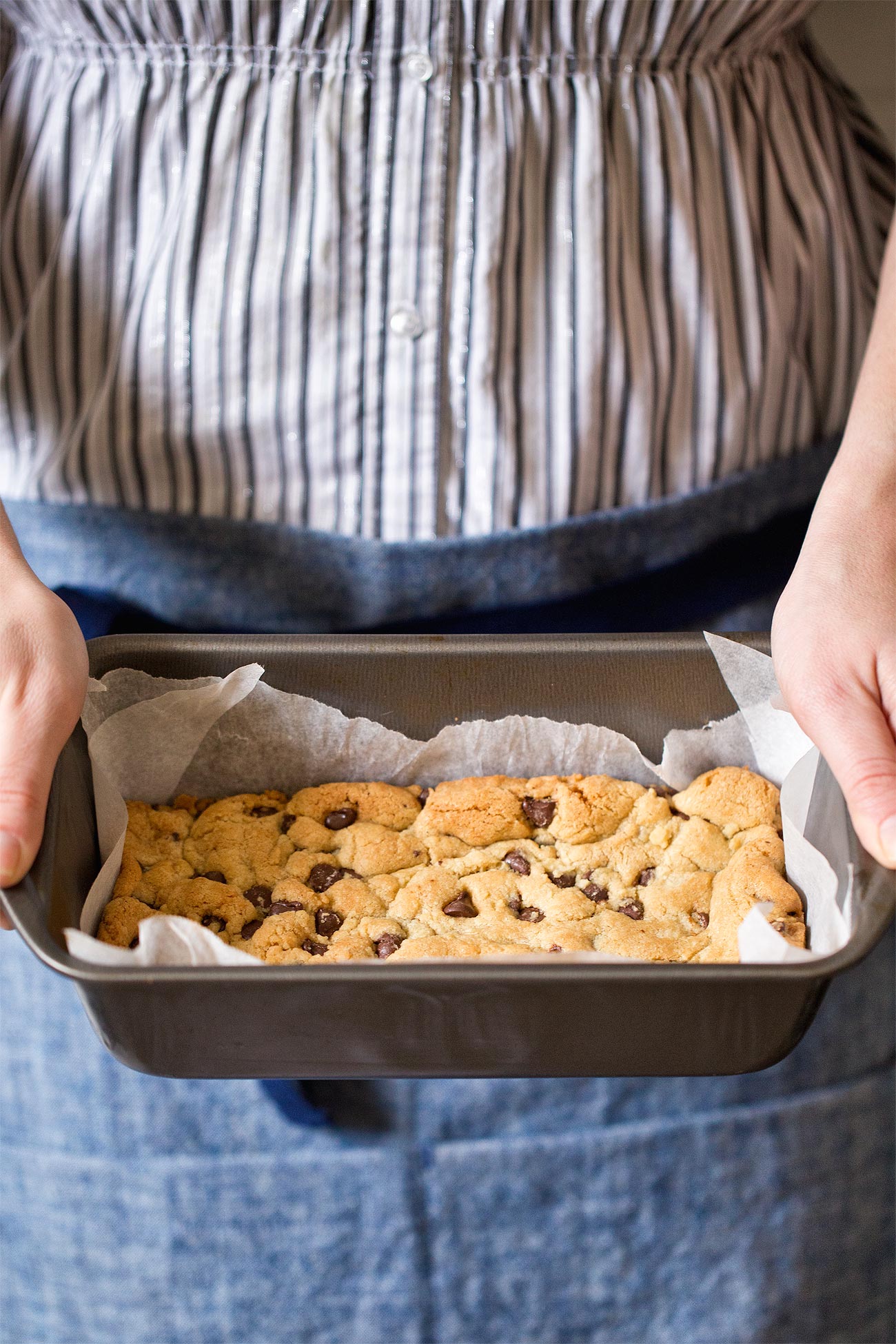 Small Batch Chocolate Chip Cookie Bars made in a loaf pan