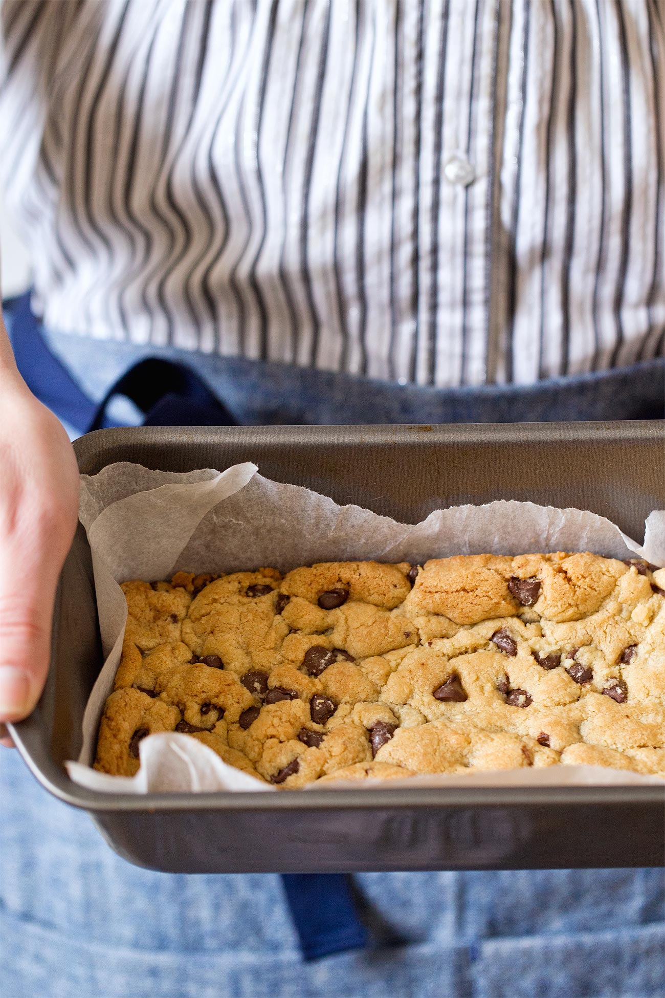 Small Batch Chocolate Chip Cookie Bars made in a loaf pan