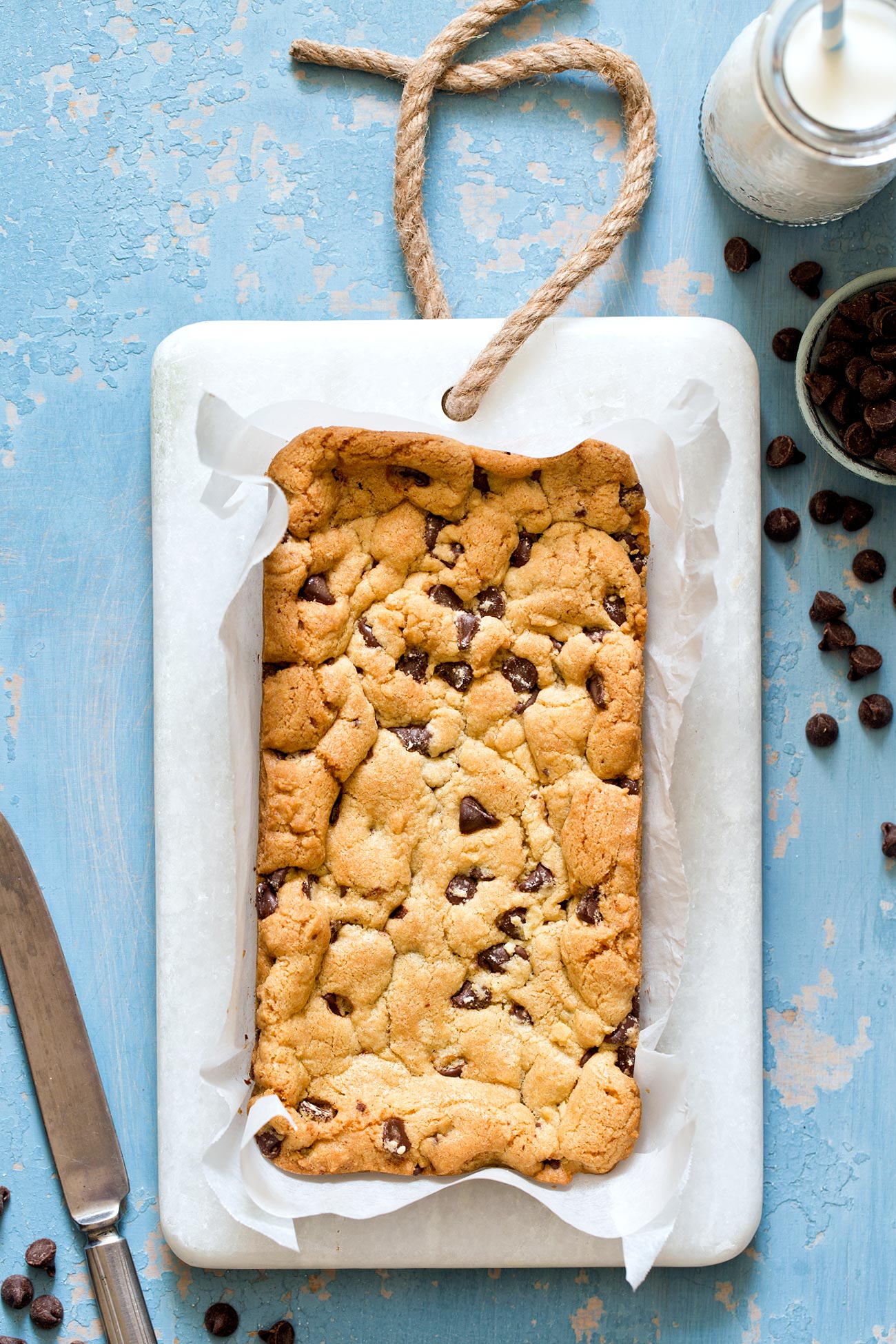 Small Batch Chocolate Chip Cookie Bars made in a loaf pan