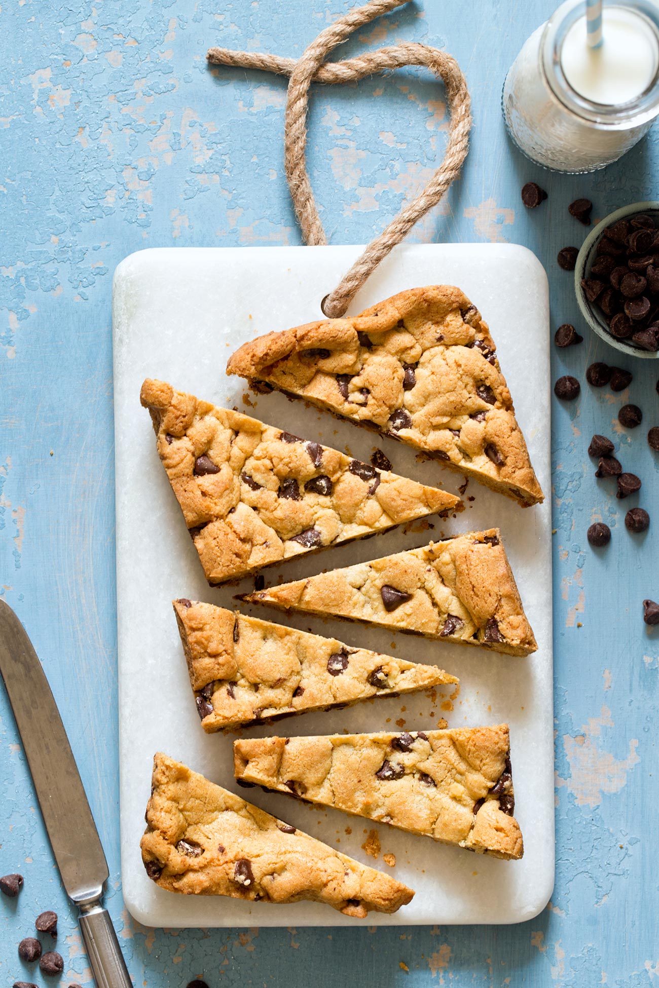 Small Batch Chocolate Chip Cookies cut into bars