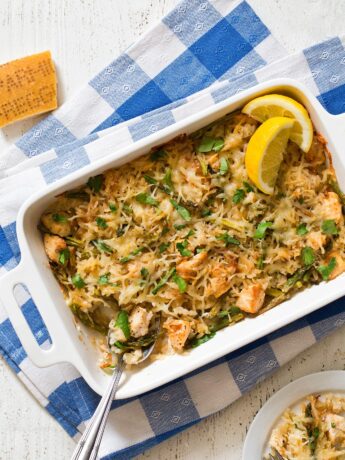 Lemon Chicken Rice Casserole in white casserole dish